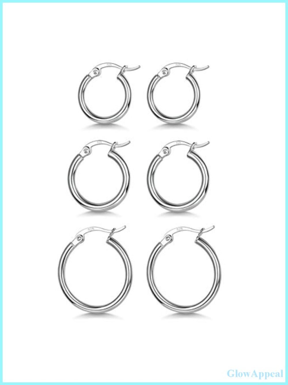 3 Pairs 925 Sterling Silver Post Hoop Earrings, White Gold Plated, Women's